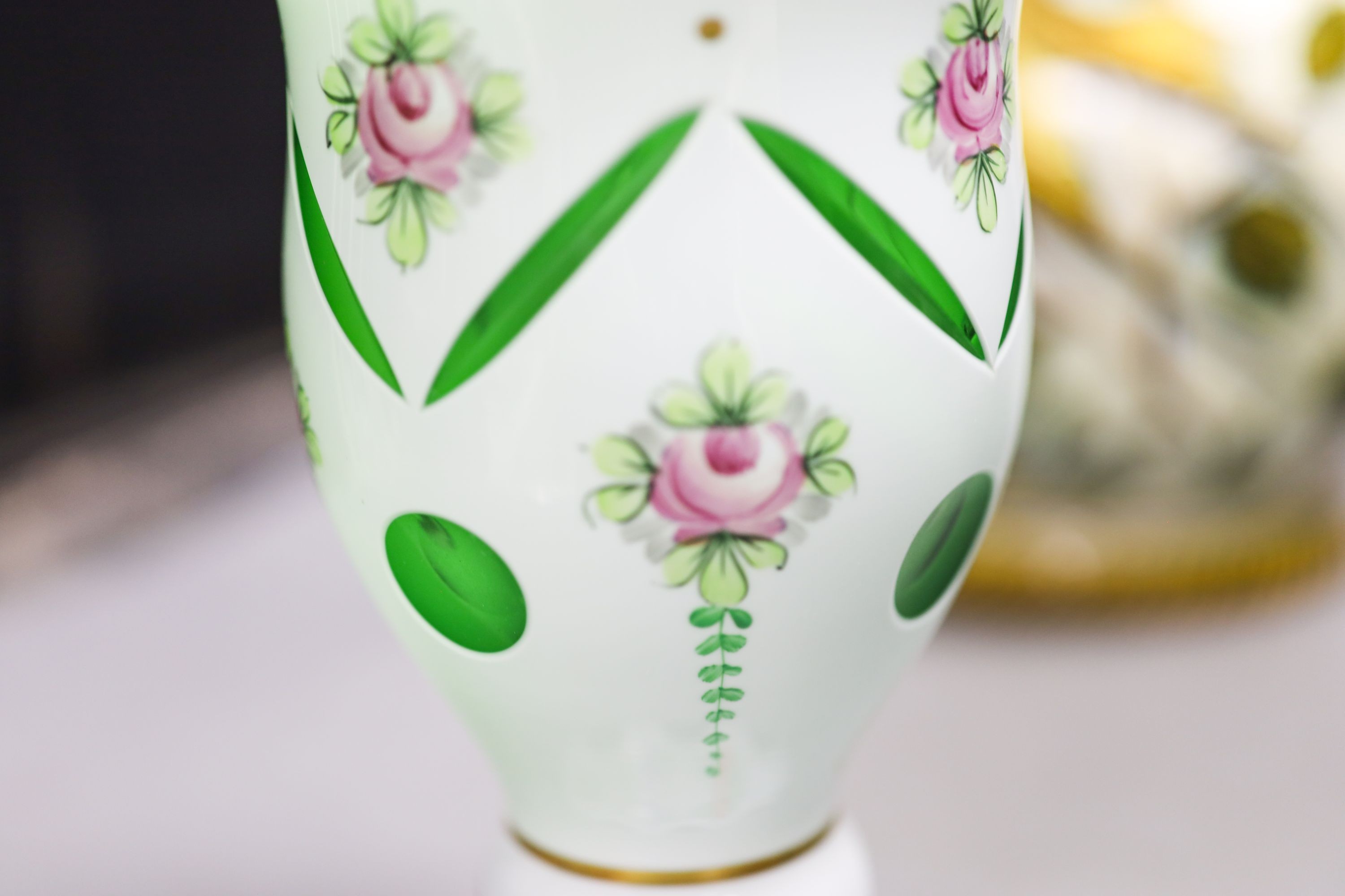 A Cantagalli maiolica vase (a.f.), a Bohemian vase and a green pottery bowl 27cm